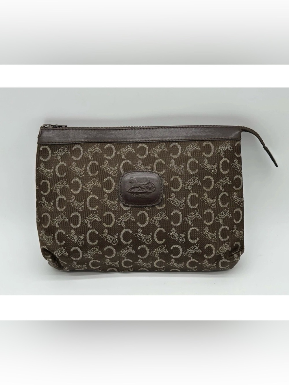 Authentic CELINE Paris C Horse Carriage Monogram Clutch Bag Brown Pouch Vintage